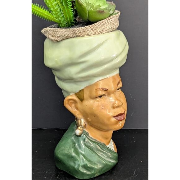 Lady Head Vase African American Woman 6" Tall Tukwi Doek Green Vintage - Picture 1 of 5